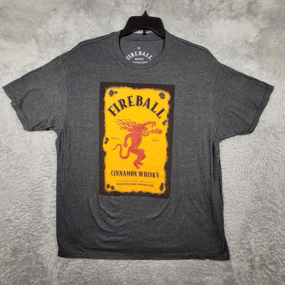 Fireball Whisky Graphic Logo Shirt Mens 2XL‎ Gray Short Sleeve Crew Neck